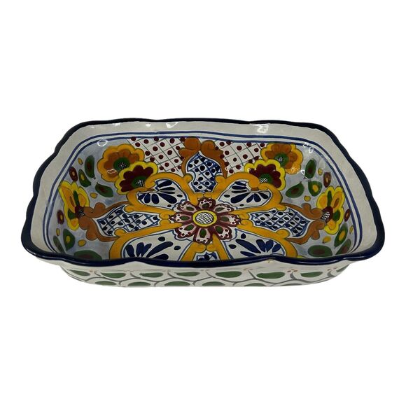 Mexican Hand Painted Pottery Baking Casserole Dish Floral Folk Art  13”x9”x3” - Picture 12 of 15